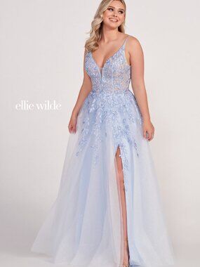 Ellie Wilde Light Blue Embroidered Tulle Prom Gown EW34089
